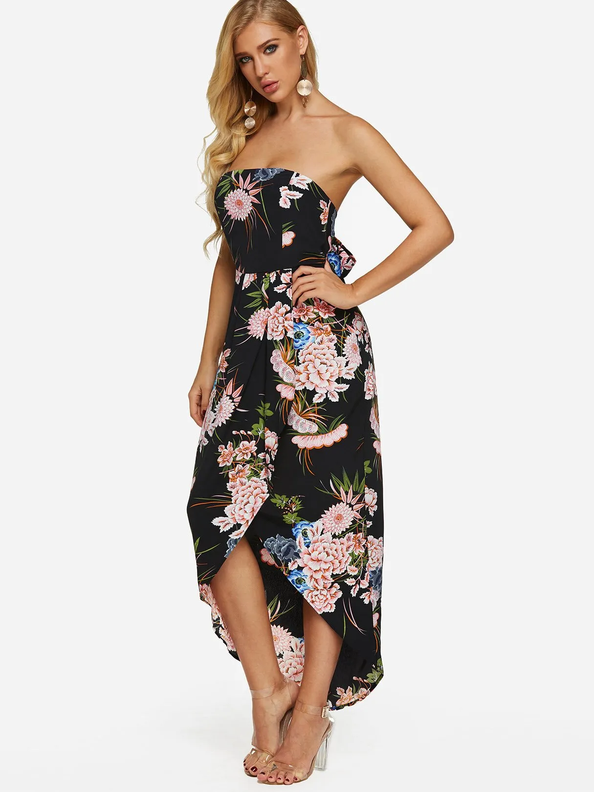 Wholesale Black Strapless Sleeveless Floral Print Backless Self-Tie Irregular Hem Dresses