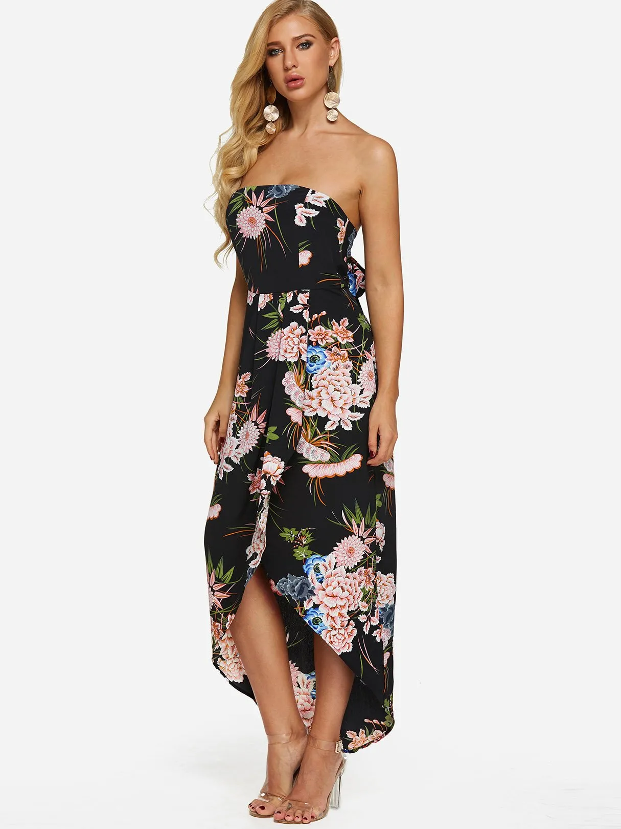 Wholesale Black Strapless Sleeveless Floral Print Backless Self-Tie Irregular Hem Dresses