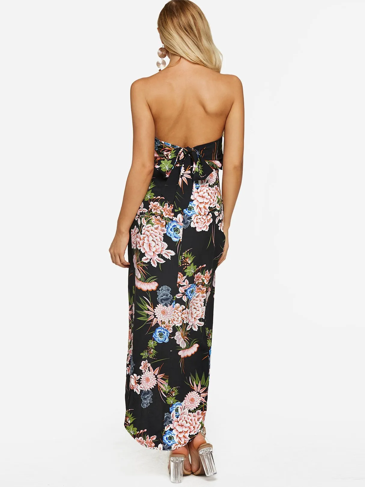 Wholesale Black Strapless Sleeveless Floral Print Backless Self-Tie Irregular Hem Dresses