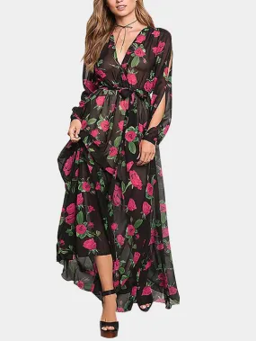 Wholesale Black V-Neck Long Sleeve Floral Print Cut Out Dresses