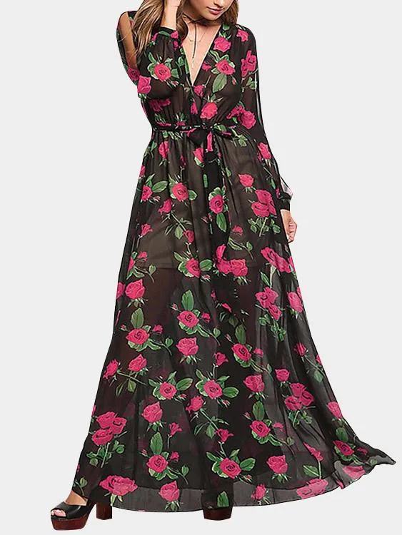 Wholesale Black V-Neck Long Sleeve Floral Print Cut Out Dresses