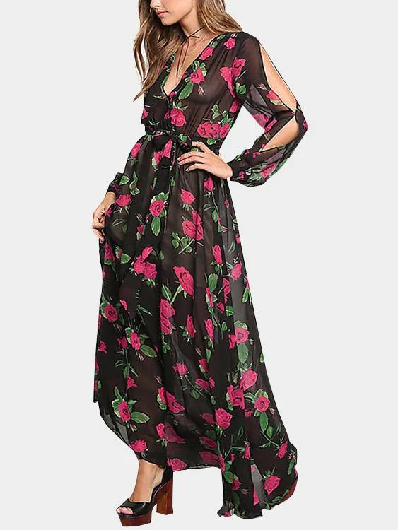 Wholesale Black V-Neck Long Sleeve Floral Print Cut Out Dresses