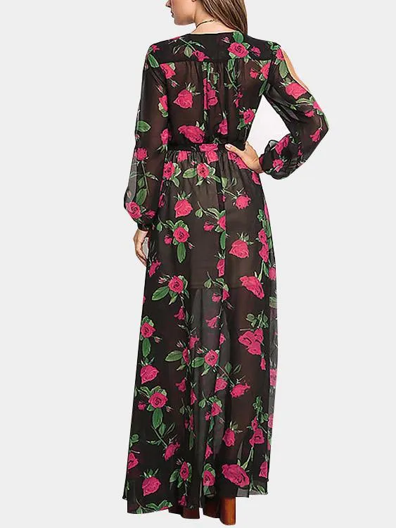 Wholesale Black V-Neck Long Sleeve Floral Print Cut Out Dresses