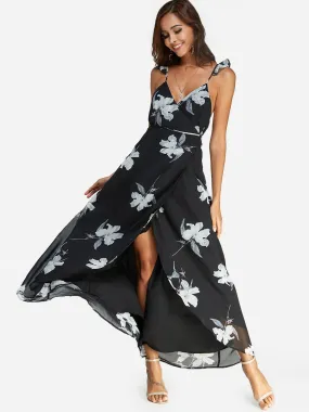 Wholesale Black V-Neck Sleeveless Floral Print Backless Lace-Up Criss-Cross Wrap Slit Hem Dresses