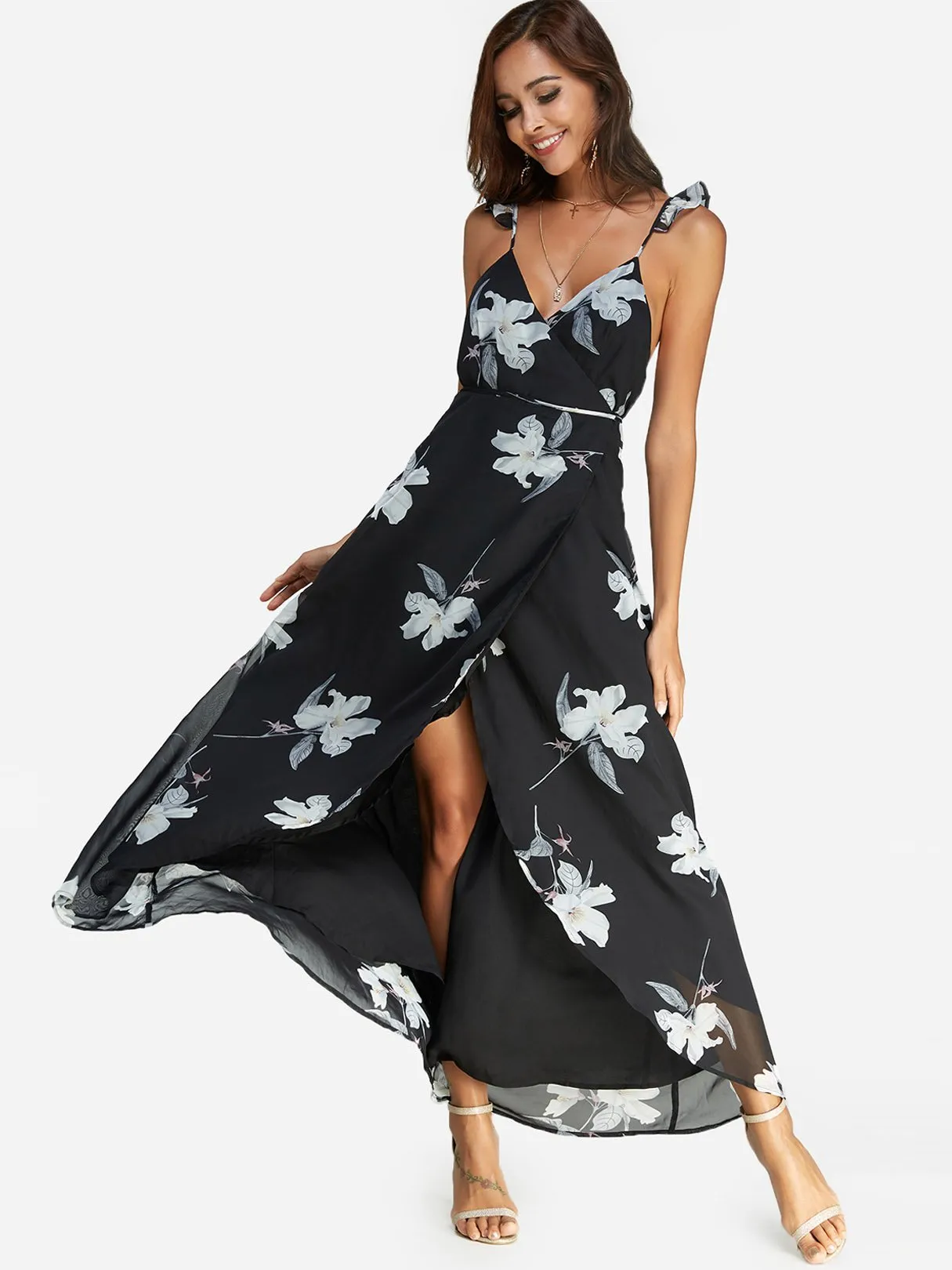 Wholesale Black V-Neck Sleeveless Floral Print Backless Lace-Up Criss-Cross Wrap Slit Hem Dresses