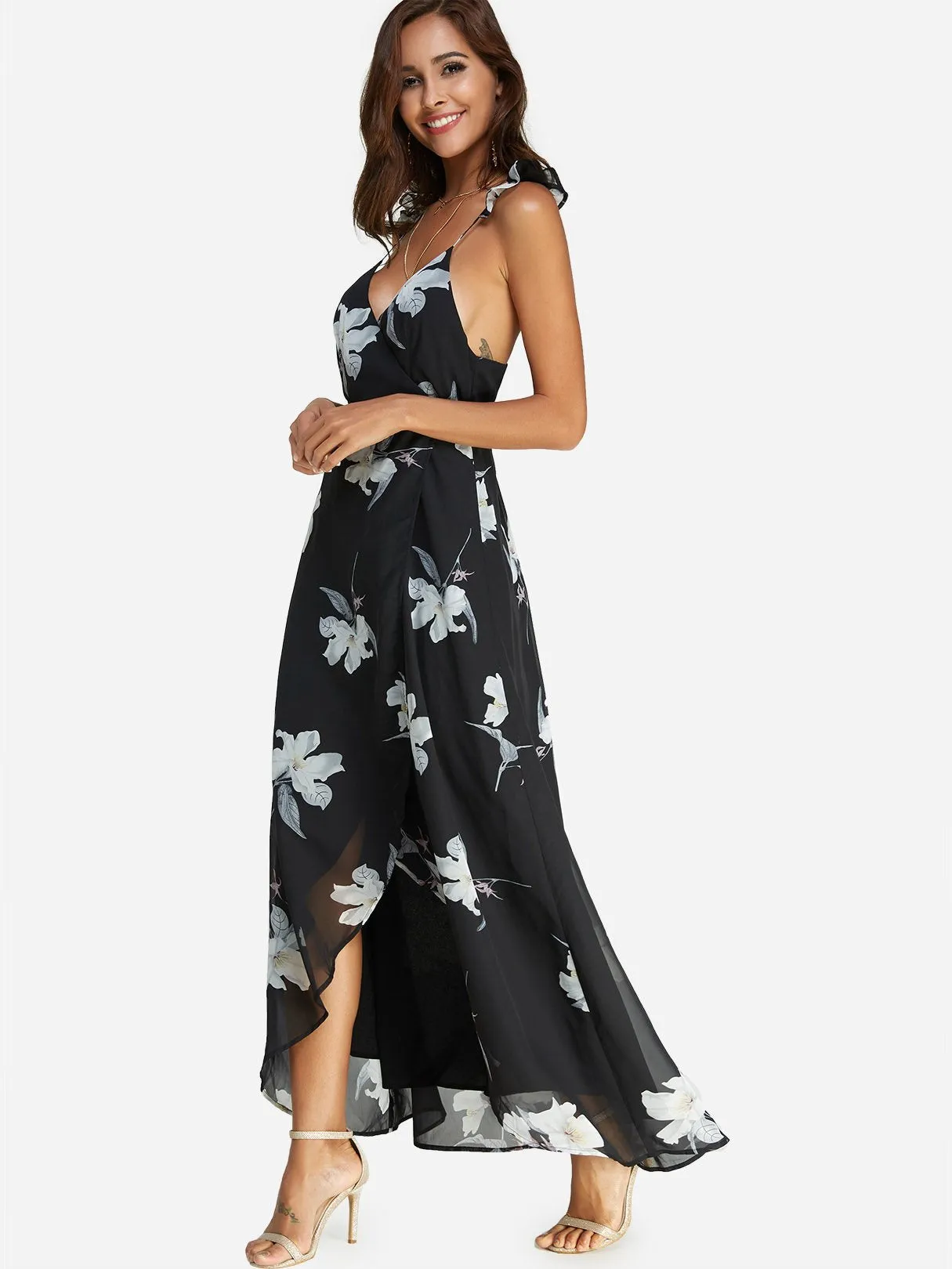 Wholesale Black V-Neck Sleeveless Floral Print Backless Lace-Up Criss-Cross Wrap Slit Hem Dresses