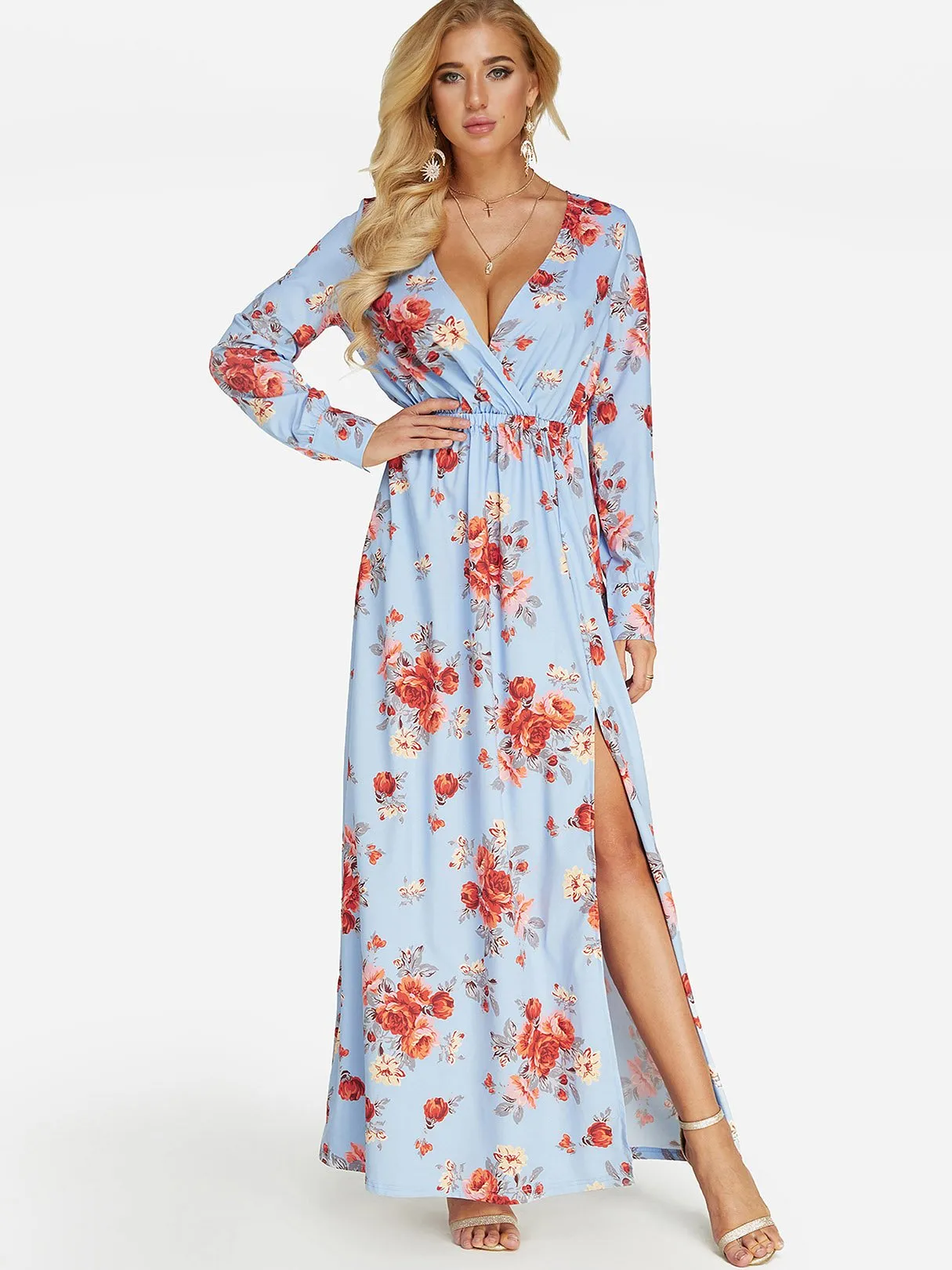 Wholesale Blue Deep V Neck Long Sleeve Floral Print Wrap Slit Hem Dresses