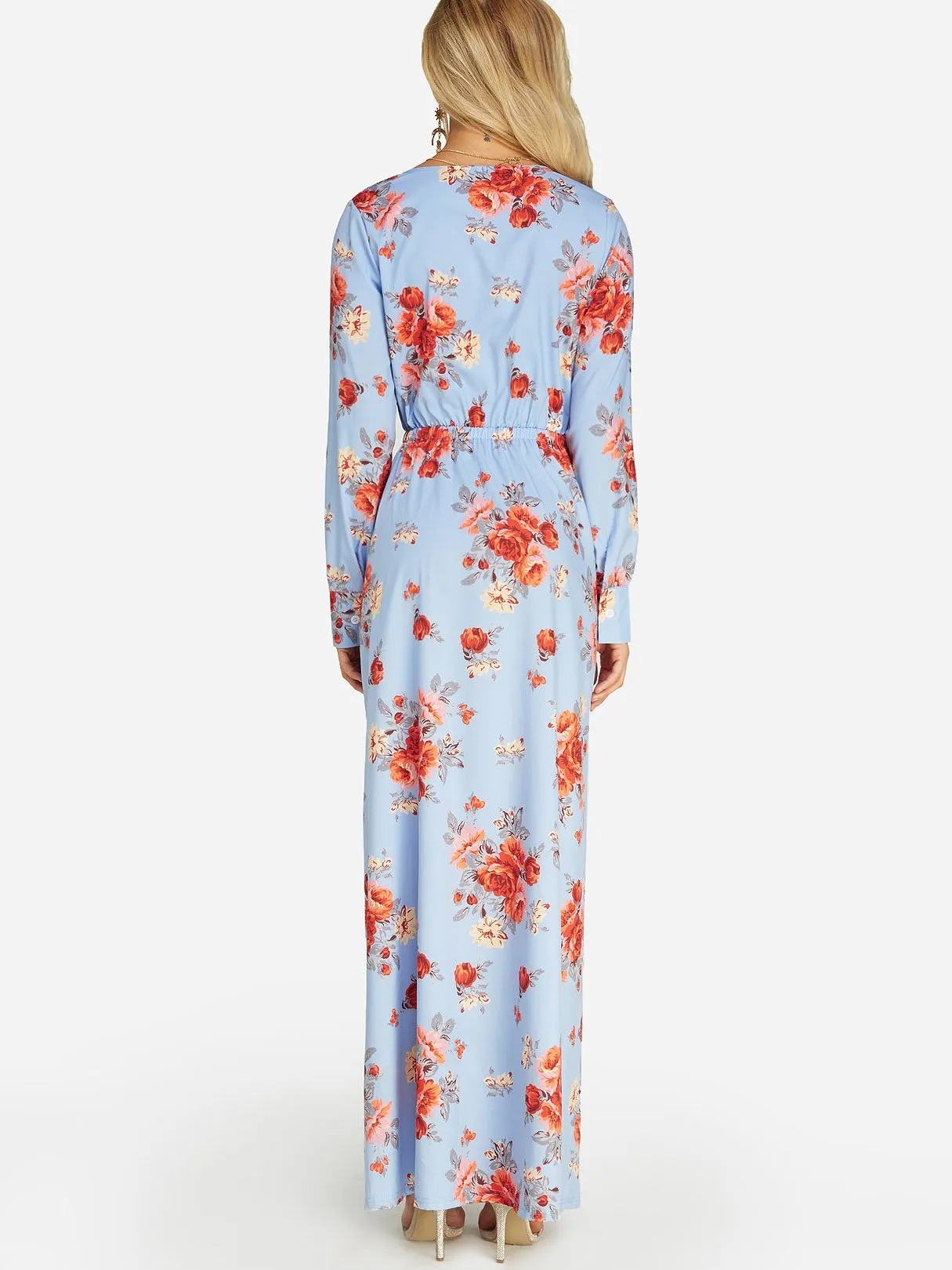 Wholesale Blue Deep V Neck Long Sleeve Floral Print Wrap Slit Hem Dresses