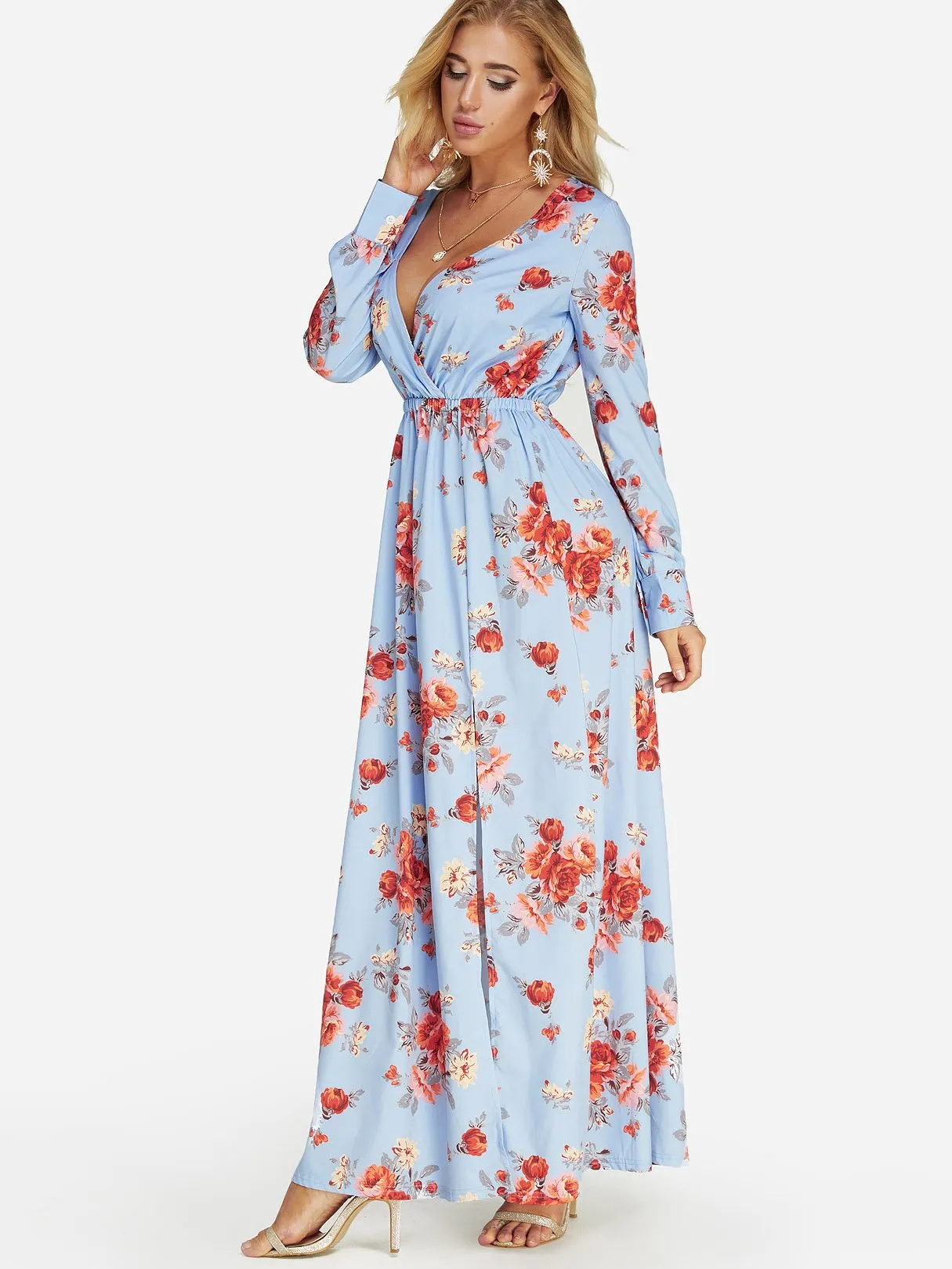 Wholesale Blue Deep V Neck Long Sleeve Floral Print Wrap Slit Hem Dresses