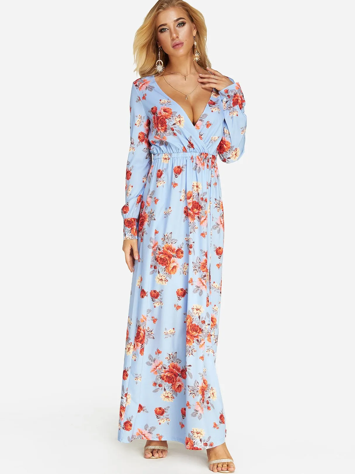 Wholesale Blue Deep V Neck Long Sleeve Floral Print Wrap Slit Hem Dresses