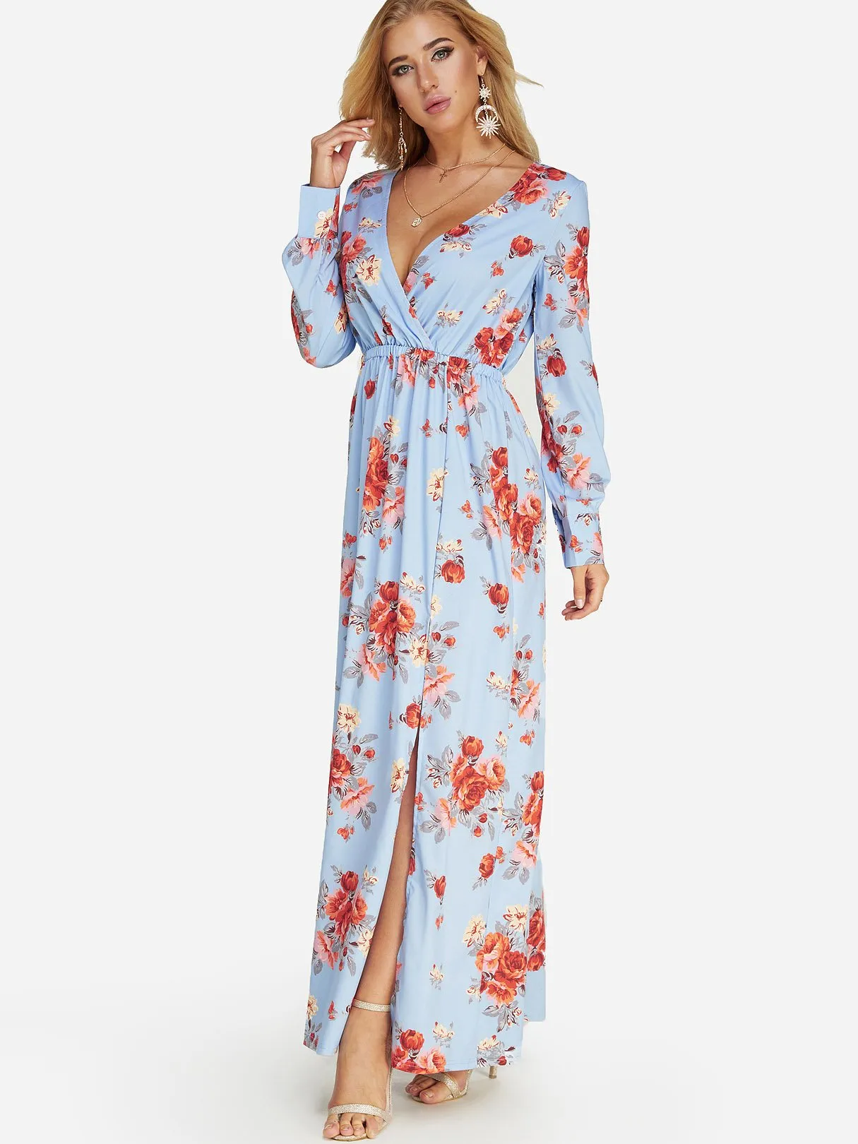 Wholesale Blue Deep V Neck Long Sleeve Floral Print Wrap Slit Hem Dresses