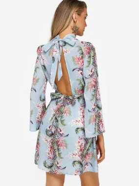 Wholesale Blue Long Sleeve Floral Print Backless Dresses