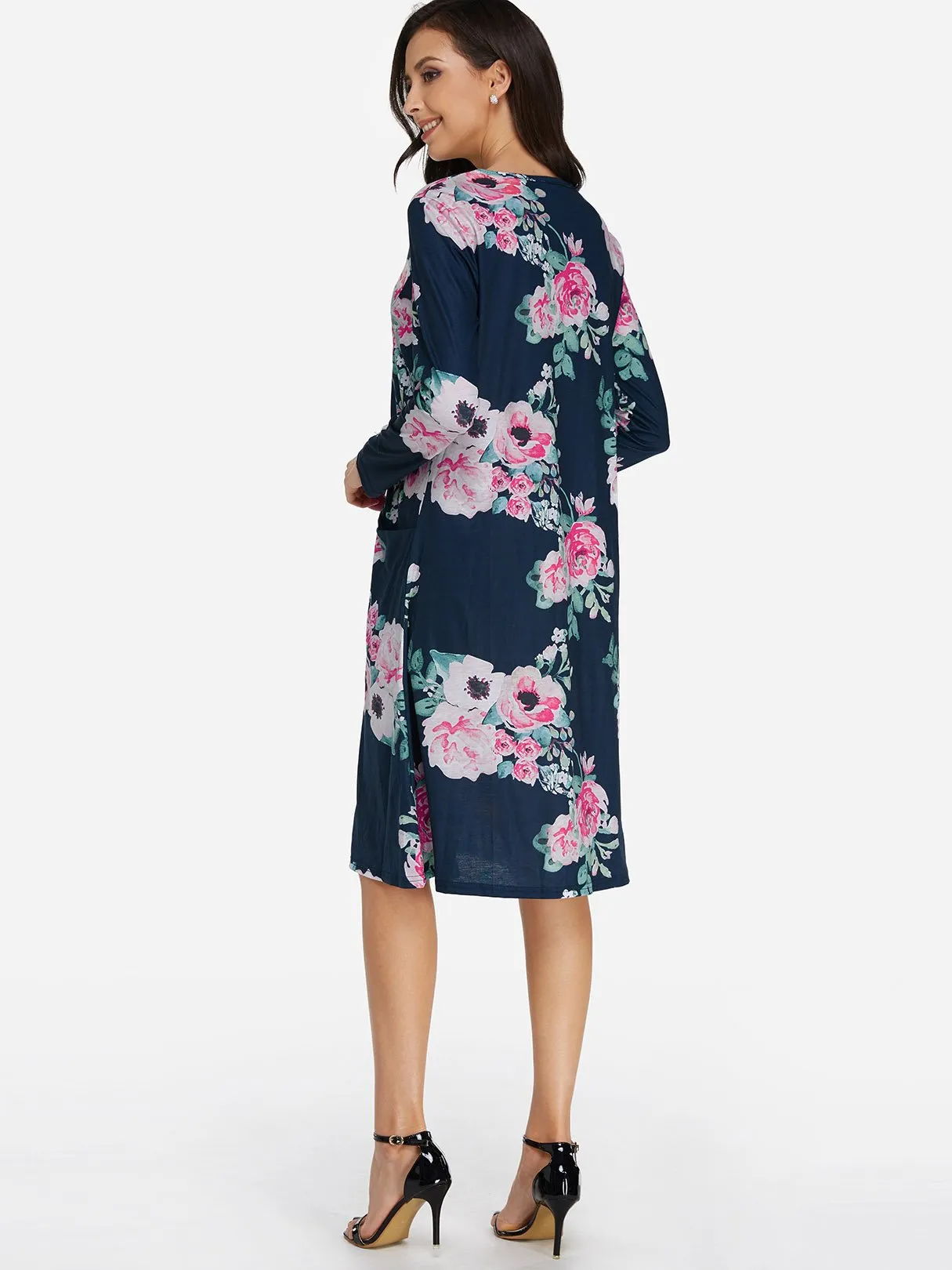 Wholesale Blue Round Neck Long Sleeve Floral Print Side Pockets Dresses