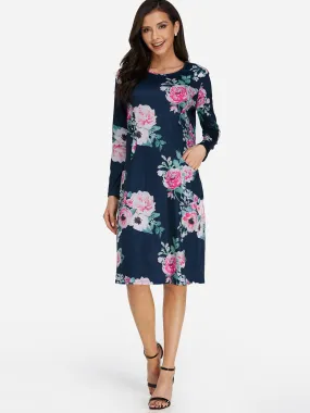 Wholesale Blue Round Neck Long Sleeve Floral Print Side Pockets Dresses