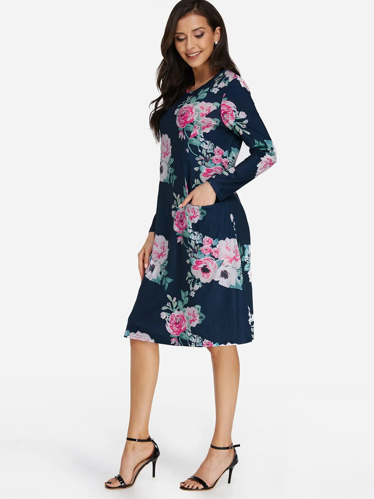 Wholesale Blue Round Neck Long Sleeve Floral Print Side Pockets Dresses