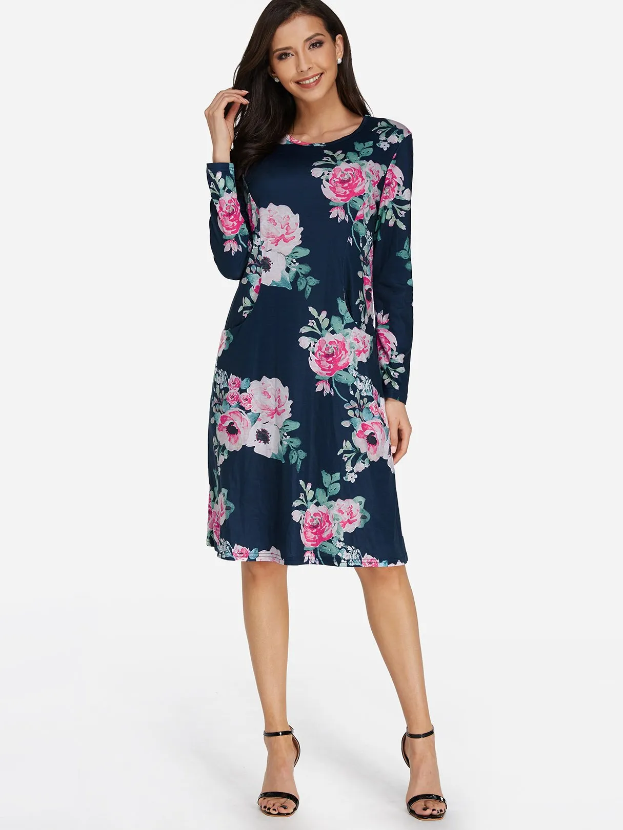 Wholesale Blue Round Neck Long Sleeve Floral Print Side Pockets Dresses