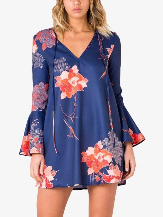 Wholesale Blue V-Neck Long Sleeve Floral Print Lace-Up Dresses