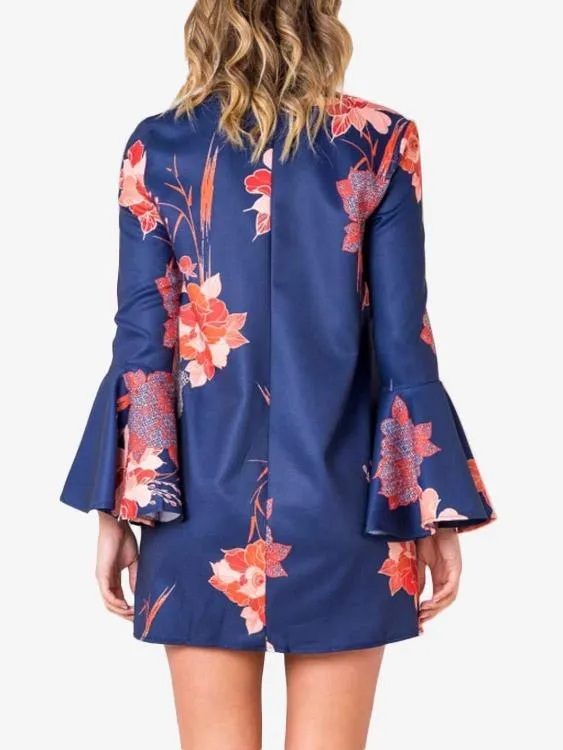 Wholesale Blue V-Neck Long Sleeve Floral Print Lace-Up Dresses