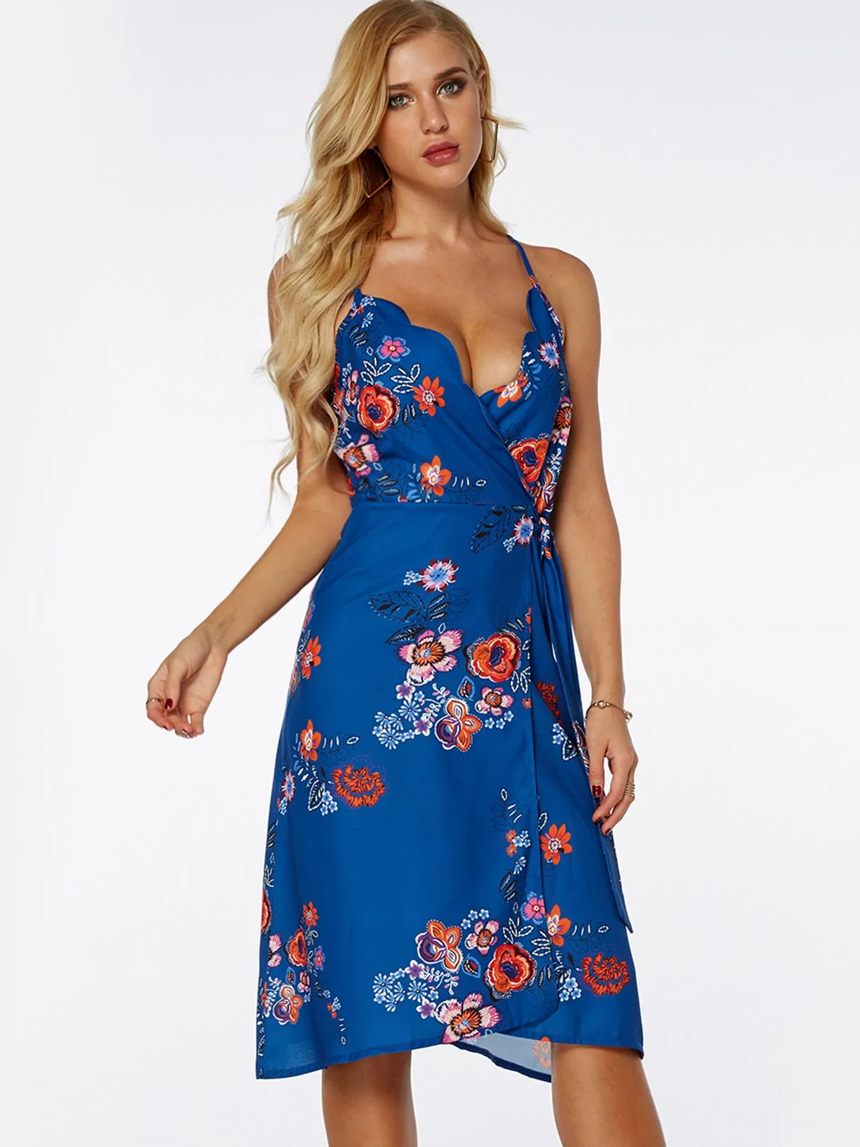 Wholesale Blue V-Neck Sleeveless Floral Print Backless Spaghetti Strap Self-Tie Wrap Dresses