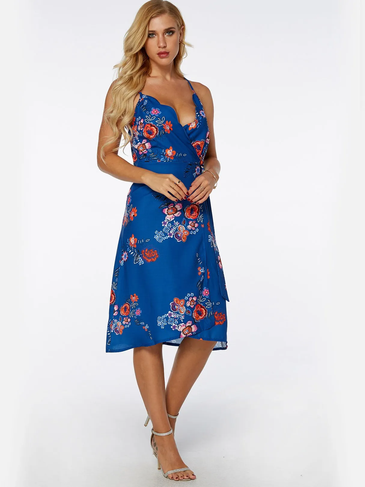 Wholesale Blue V-Neck Sleeveless Floral Print Backless Spaghetti Strap Self-Tie Wrap Dresses