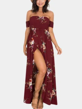 Wholesale Burgundy Off The Shoulder Short Sleeve Floral Print Irregular Hem Dresses