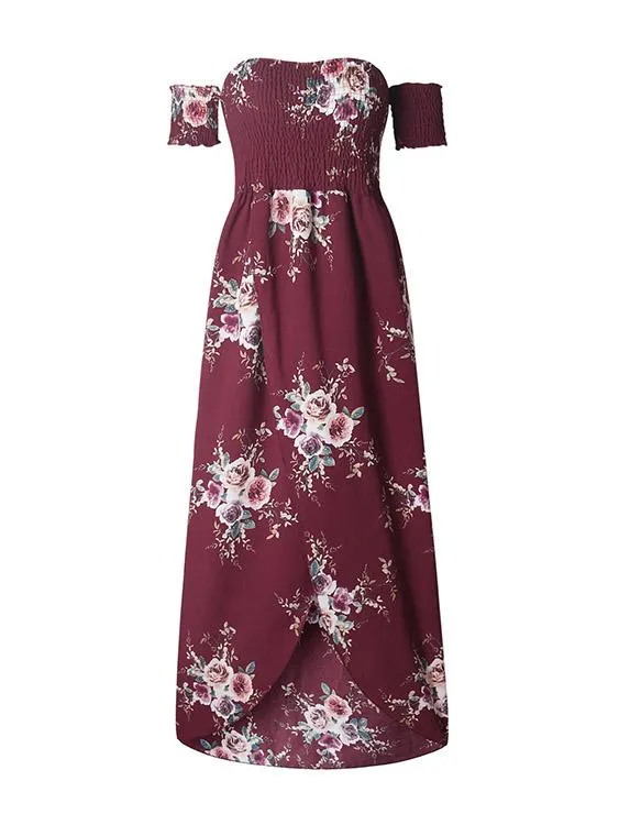 Wholesale Burgundy Off The Shoulder Short Sleeve Floral Print Irregular Hem Dresses