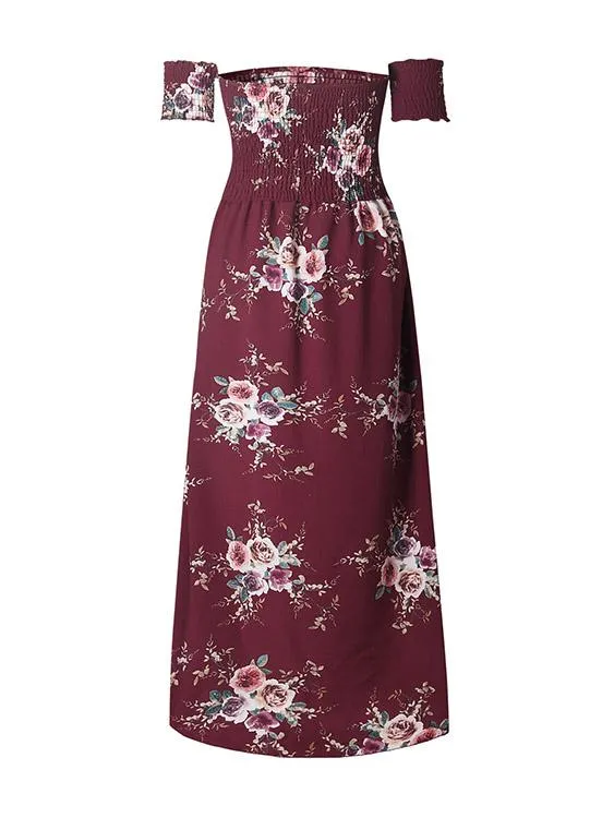 Wholesale Burgundy Off The Shoulder Short Sleeve Floral Print Irregular Hem Dresses