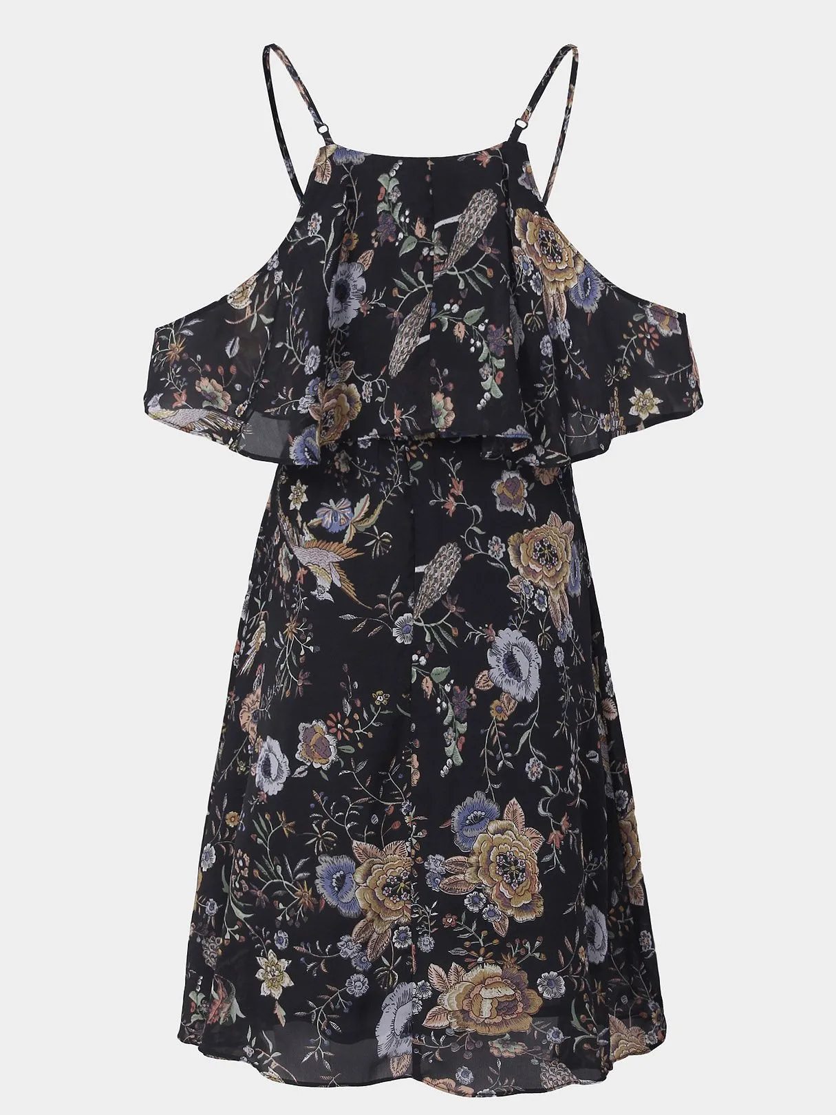 Wholesale Cold Shoulder Floral Print Tiered Short Sleeve Black Dresses