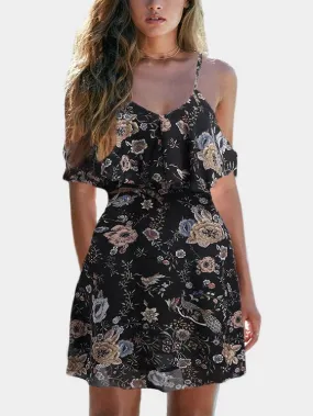 Wholesale Cold Shoulder Floral Print Tiered Short Sleeve Black Dresses