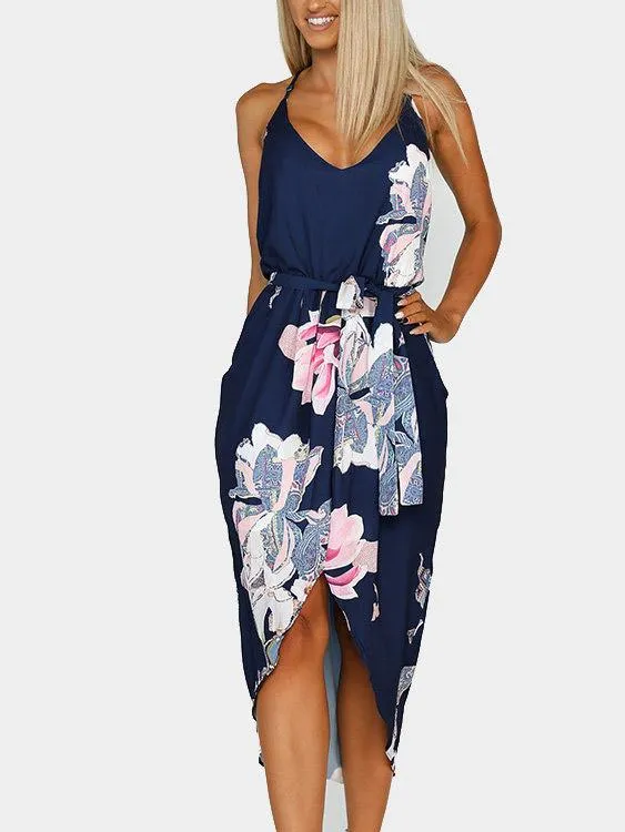 Wholesale Dark V-Neck Sleeveless Floral Print Side Pockets Self-Tie Irregular Hem Dresses