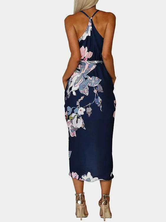 Wholesale Dark V-Neck Sleeveless Floral Print Side Pockets Self-Tie Irregular Hem Dresses