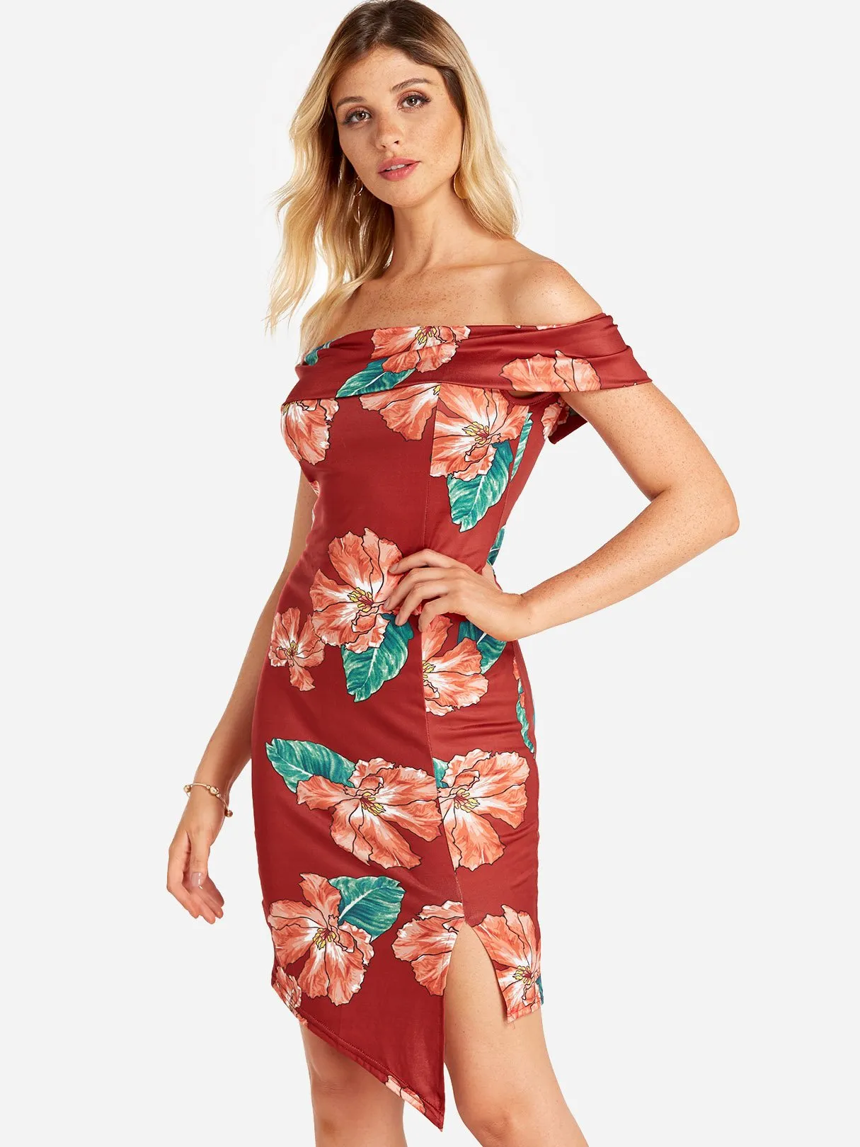 Wholesale Frill Neck Off The Shoulder Short Sleeve Floral Print Slit Hem Red Dresses