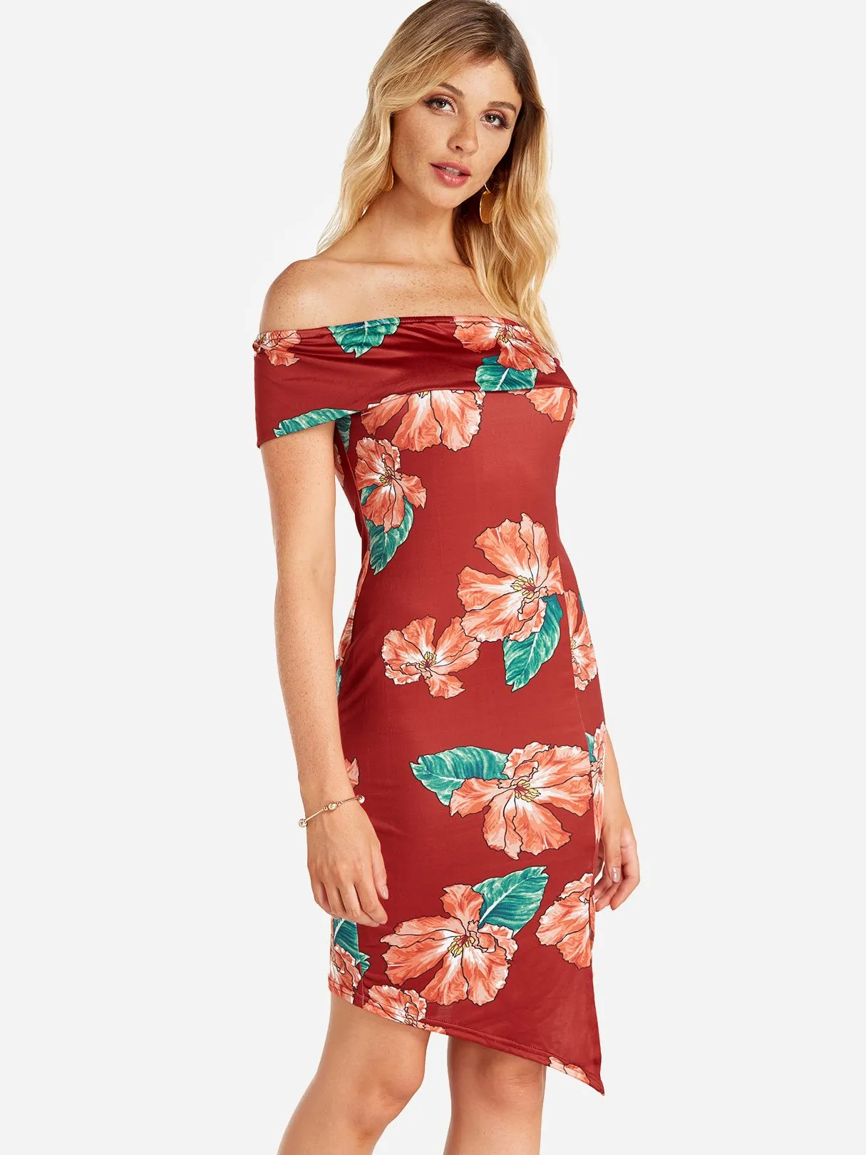 Wholesale Frill Neck Off The Shoulder Short Sleeve Floral Print Slit Hem Red Dresses