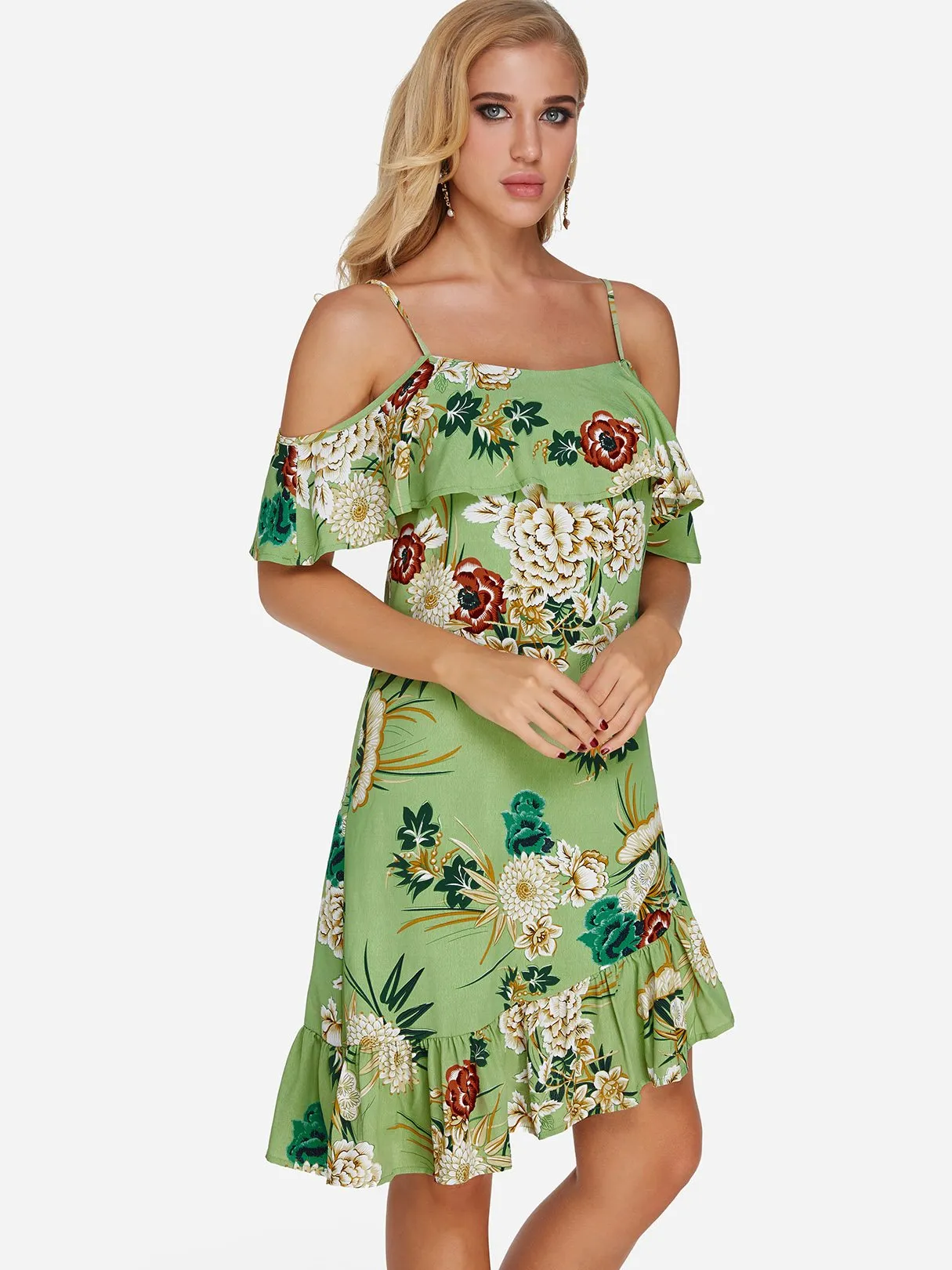 Wholesale Green Cold Shoulder Short Sleeve Floral Print Spaghetti Strap Ruffle Hem Dresses