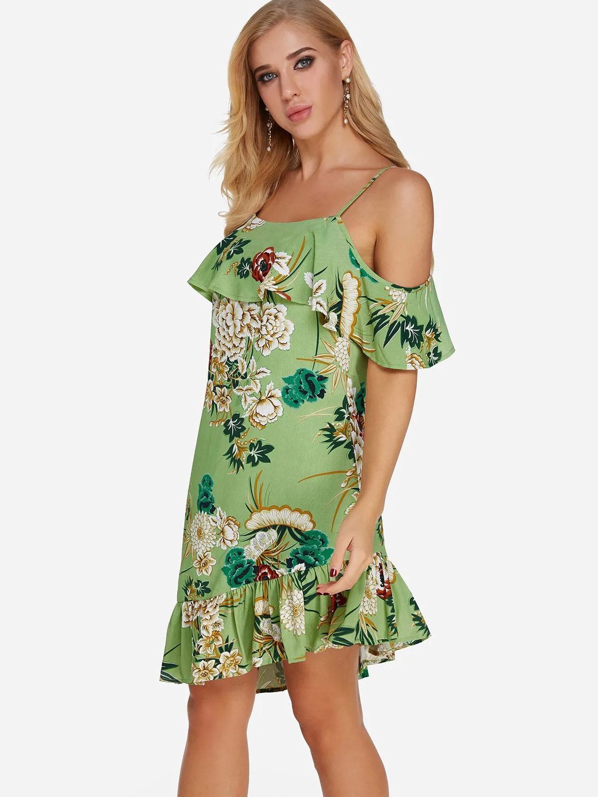 Wholesale Green Cold Shoulder Short Sleeve Floral Print Spaghetti Strap Ruffle Hem Dresses