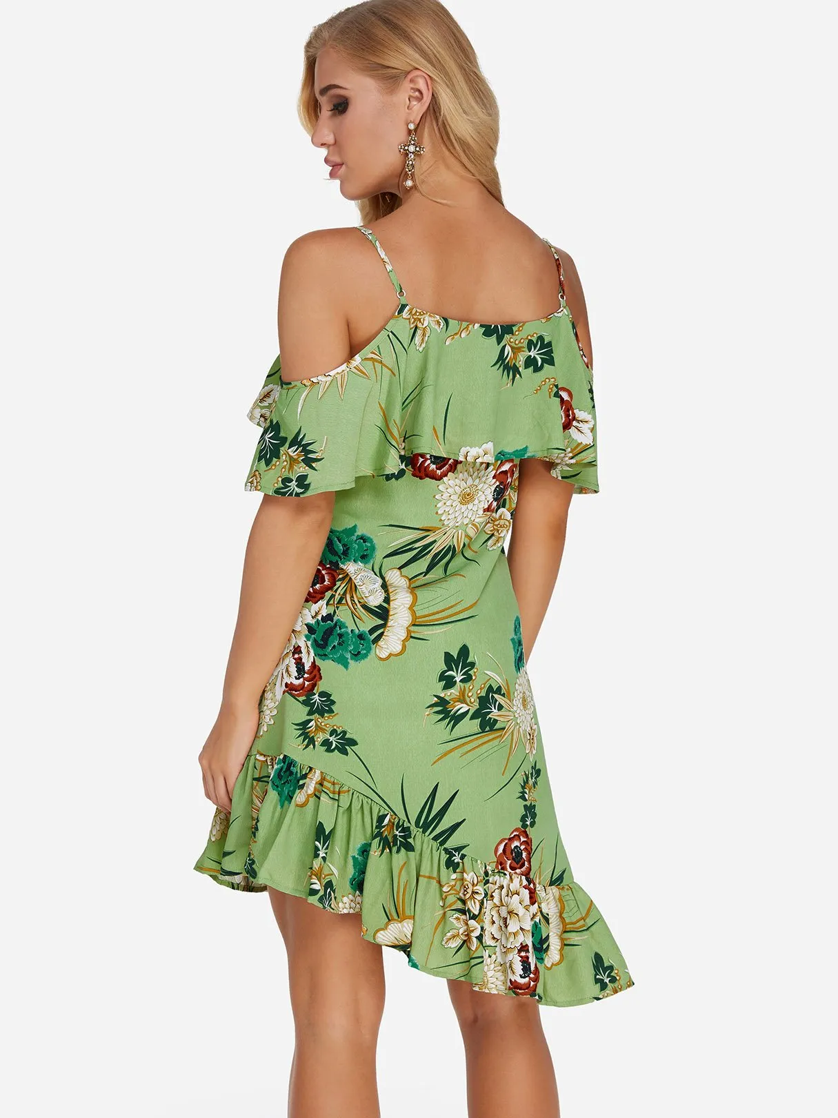 Wholesale Green Cold Shoulder Short Sleeve Floral Print Spaghetti Strap Ruffle Hem Dresses