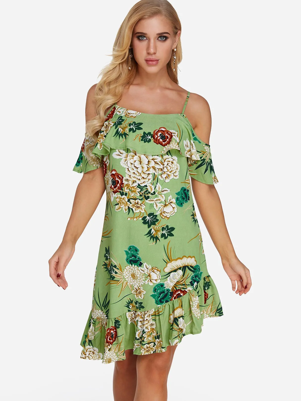 Wholesale Green Cold Shoulder Short Sleeve Floral Print Spaghetti Strap Ruffle Hem Dresses