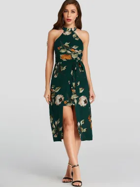 Wholesale Green Halter Sleeveless Floral Print Self-Tie Slit Hem Dresses