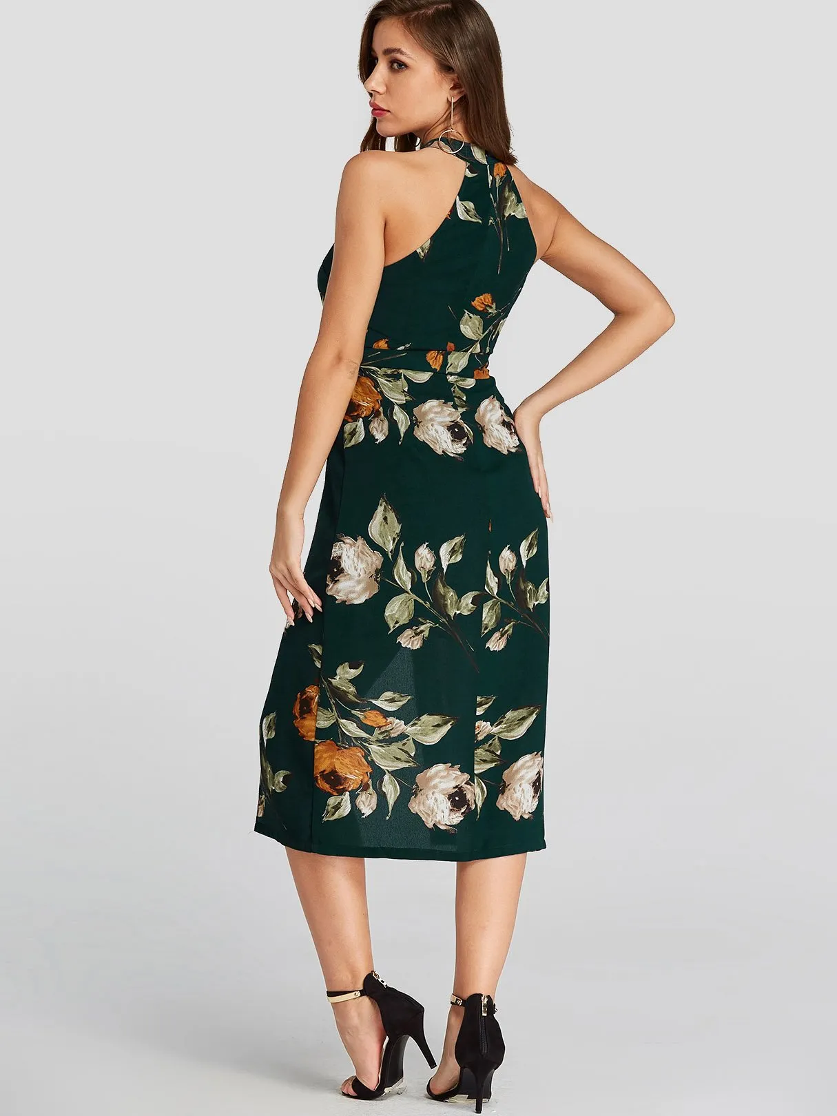 Wholesale Green Halter Sleeveless Floral Print Self-Tie Slit Hem Dresses