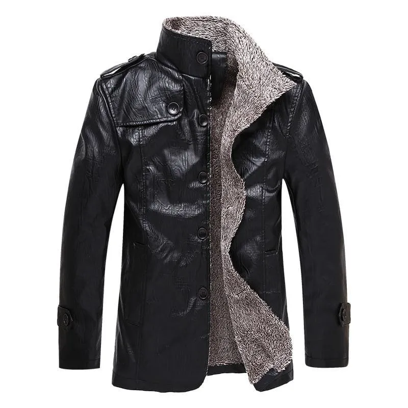 Winter Men Leather Jacket Stand Collar Long Coat