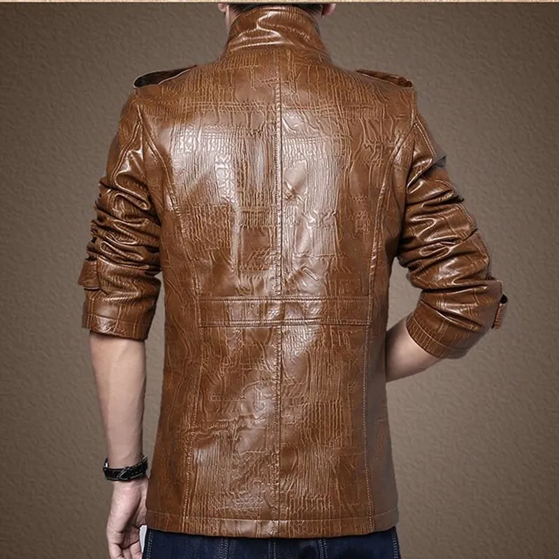 Winter Men Leather Jacket Stand Collar Long Coat