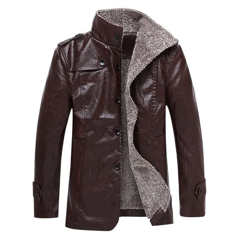 Winter Men Leather Jacket Stand Collar Long Coat