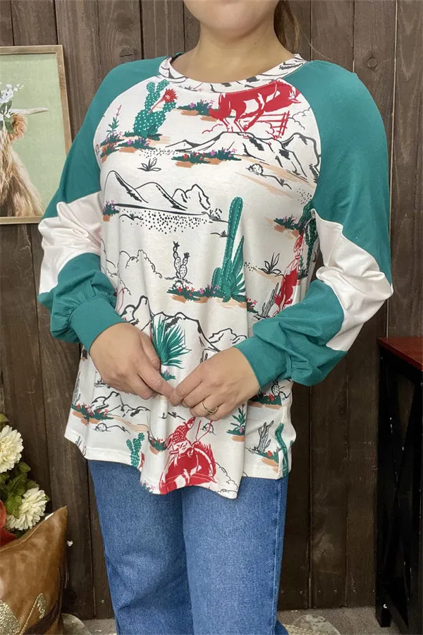 XCH15183 Turquoise cactus scene landscape multi color printed raglan long sleeve women tops