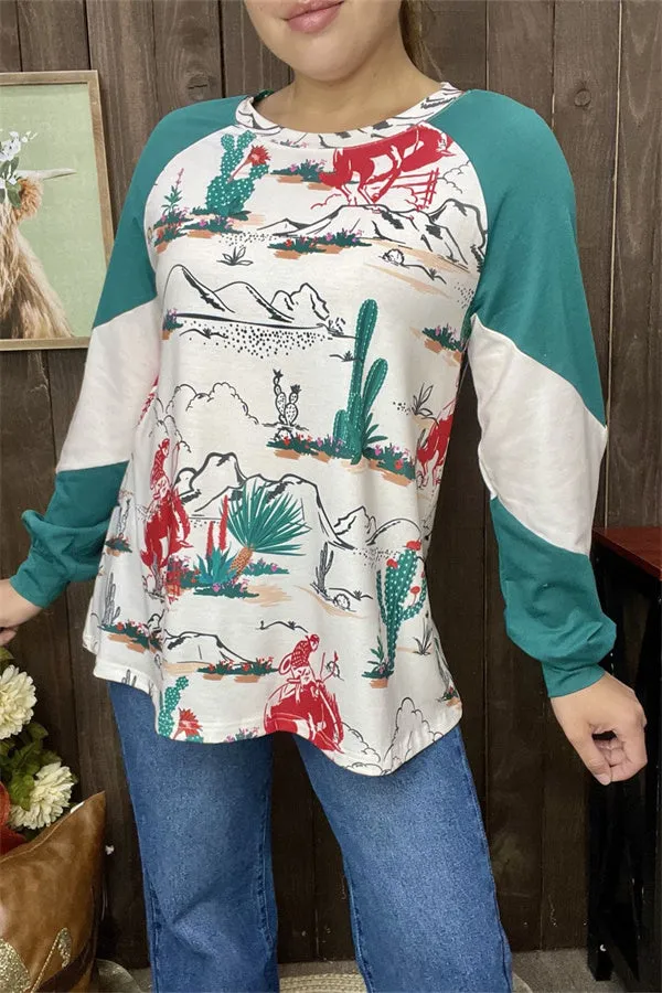 XCH15183 Turquoise cactus scene landscape multi color printed raglan long sleeve women tops